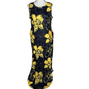 Fandee Floral Sleeveless Maxi Dress Size Large Yellow Navy Pockets Side Split